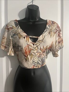 Tropical Print Cream Crop Top with Strappy V-Neck